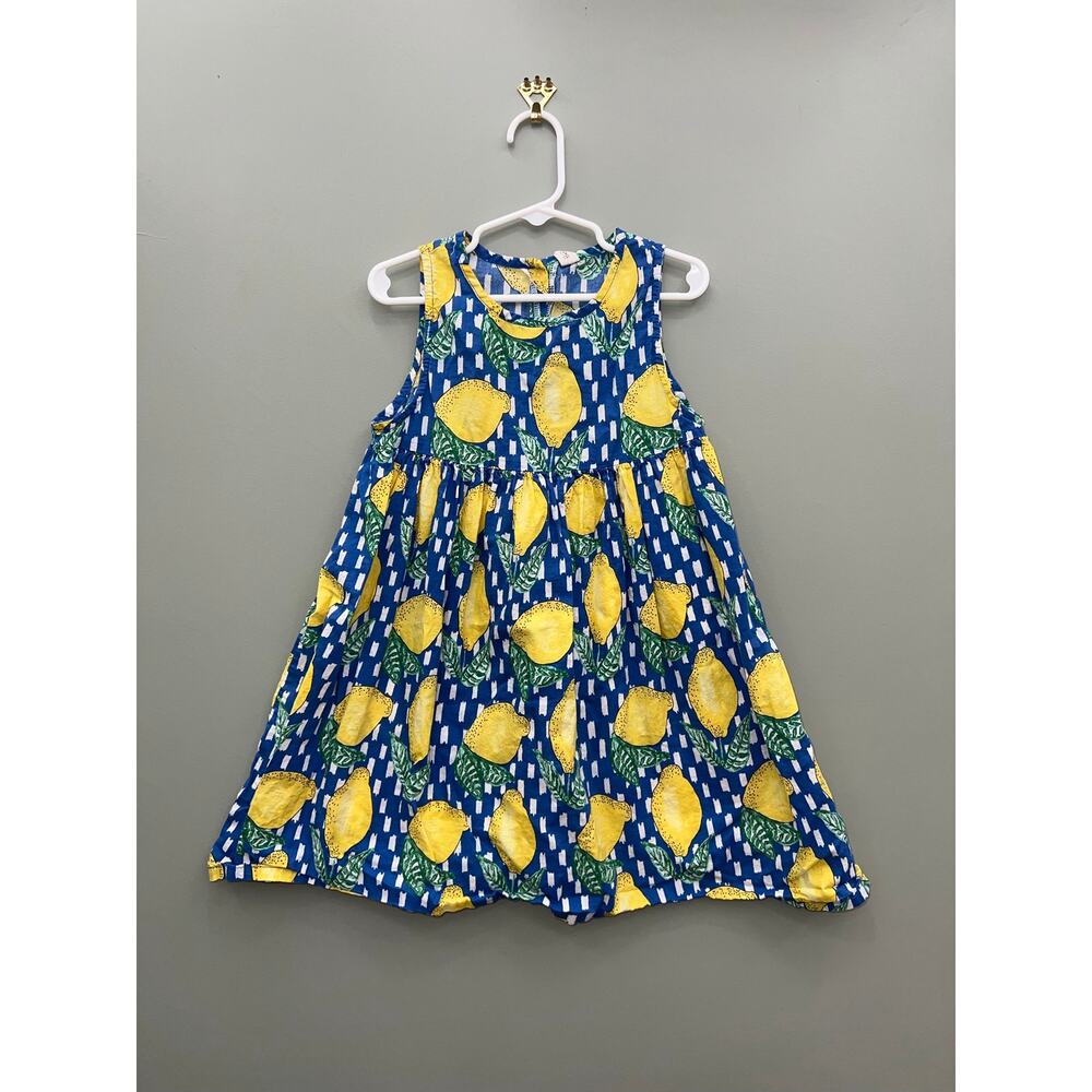 Girls Lemon Print Dress Size 4/5 Blue Yellow Summer Citrus Coastal Cottagecore